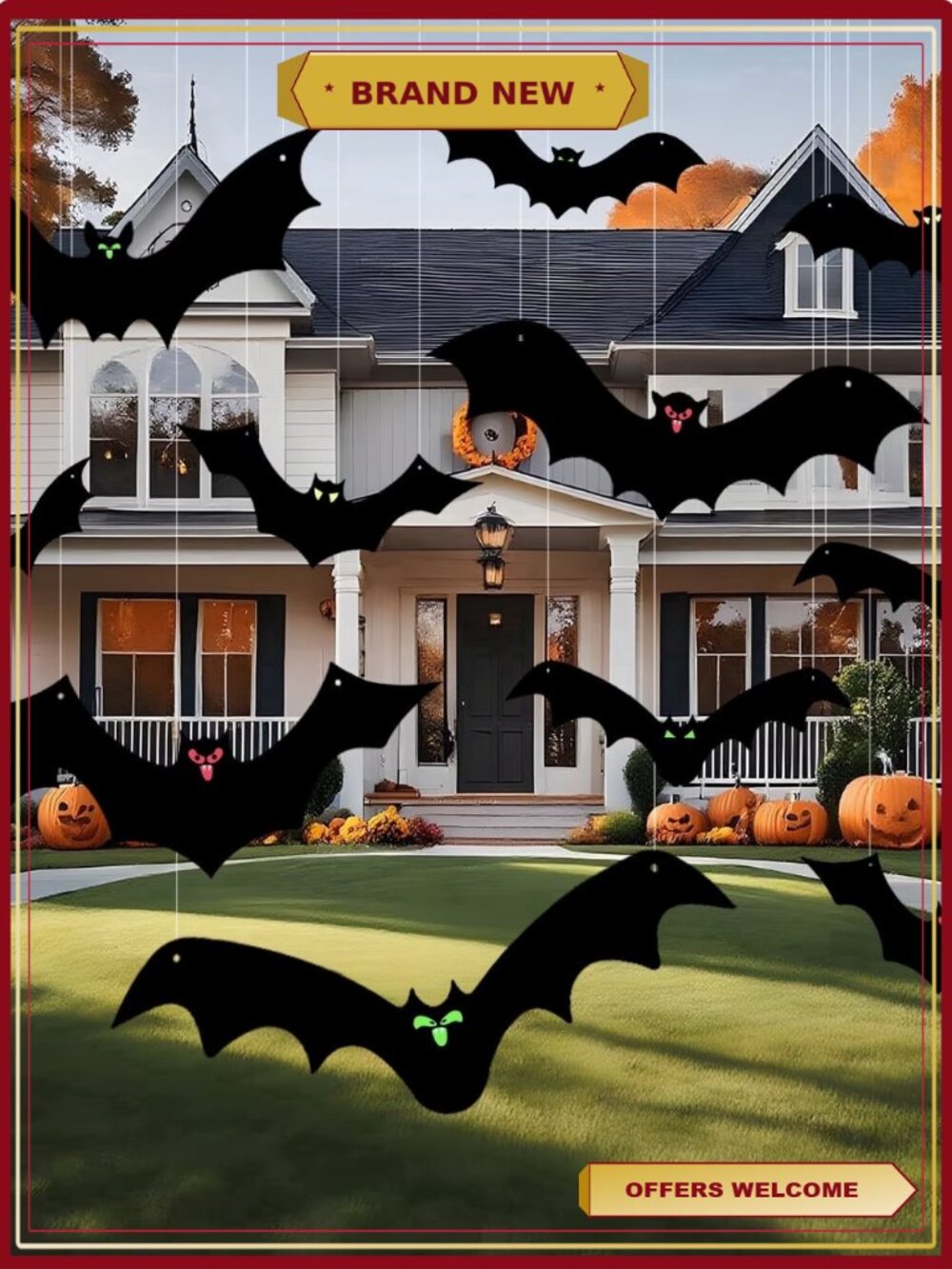 Halloween Hanging Bats Decorations Set of 16 Glowing Eyes Waterproof Plastic